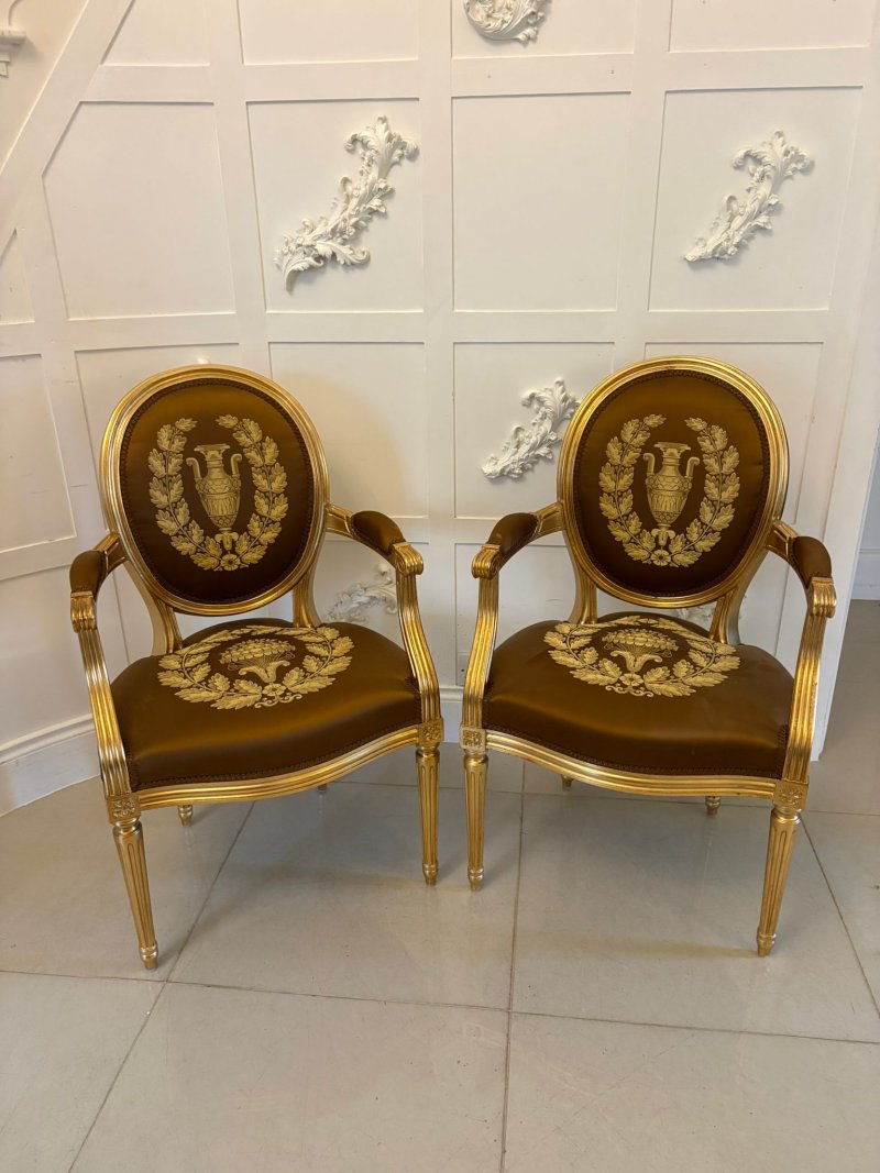Large Rare Suite of 42 Matching Louis XVI Style Giltwood Dining Chairs with Silk Damask Upholstery - Image 17
